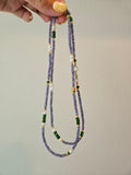 Genuine Gemstone Tanzanite, Chrome Diopside, Freshwater Pearl 18K Yellow Gold Long Necklace 32"