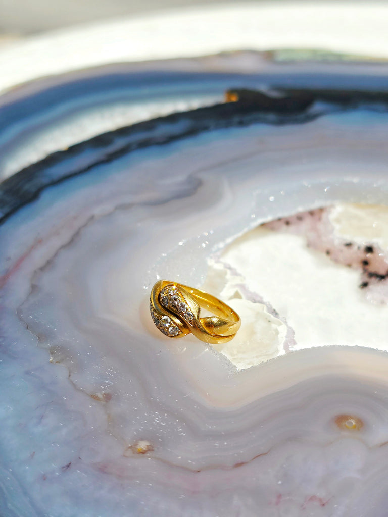 18K Yellow Gold Antique Diamond Pave Double Headed Snake Toi et Moi Ring Size 5 | Indulgems | Designs in Real Gold