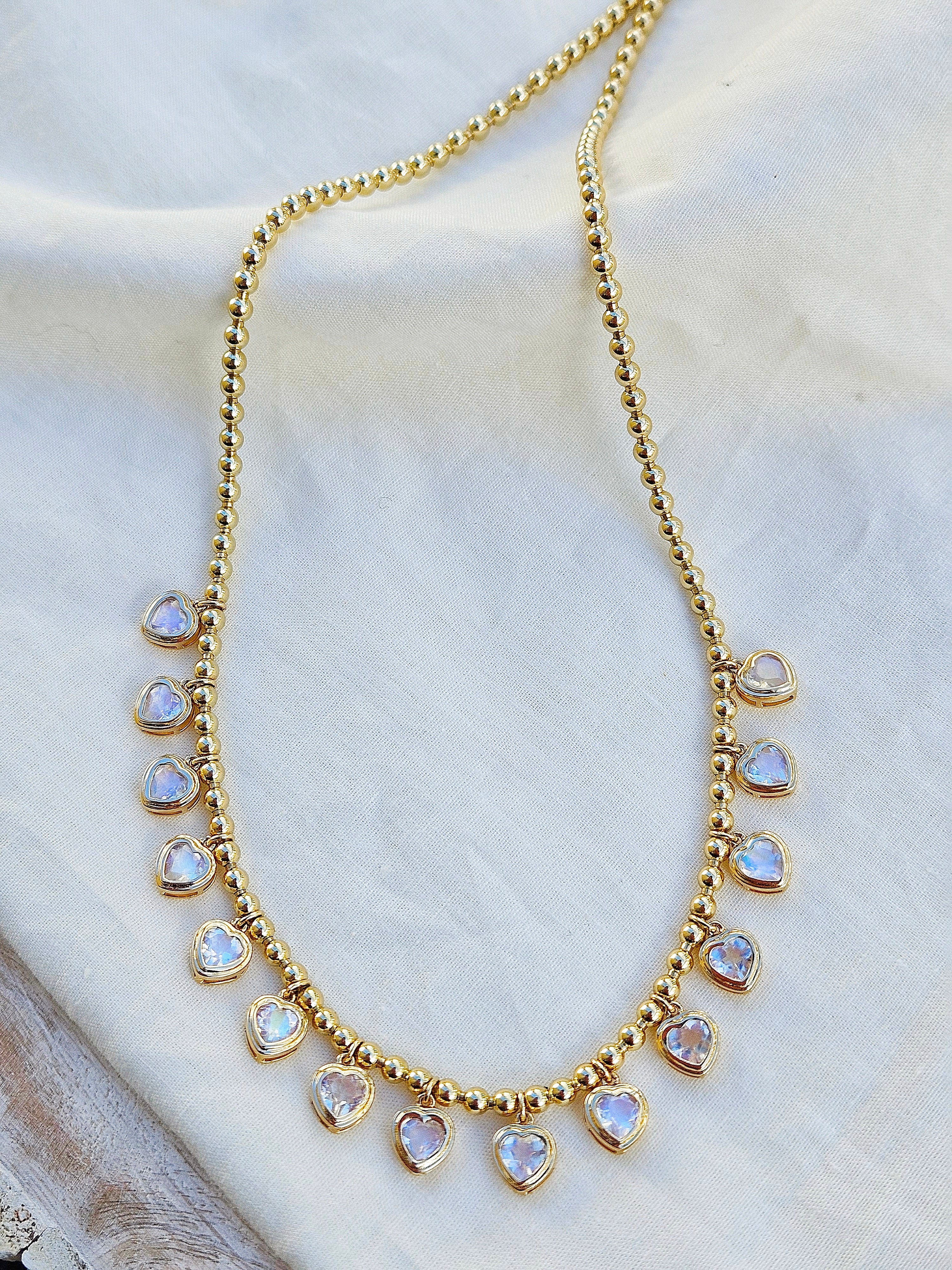 18k Yellow Gold Mimosa Necklace in Rainbow Moonstone Hearts: Deposit for Custom Order