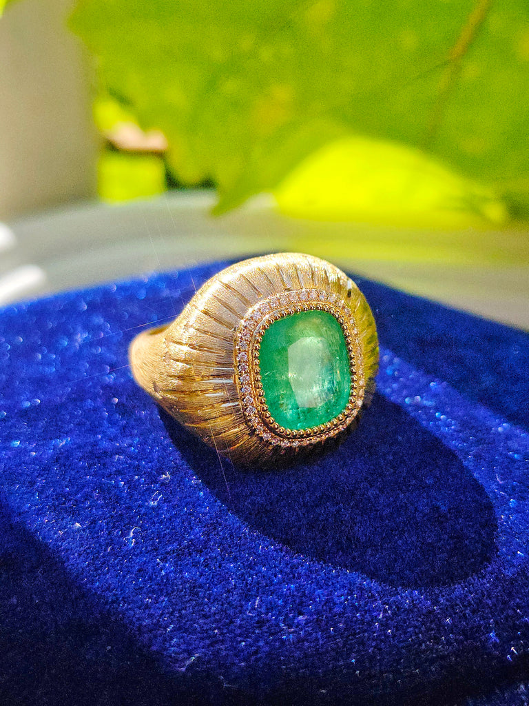 18k Solid Gold 6.8 Carat Zambian Emerald Cushion Statement Signet