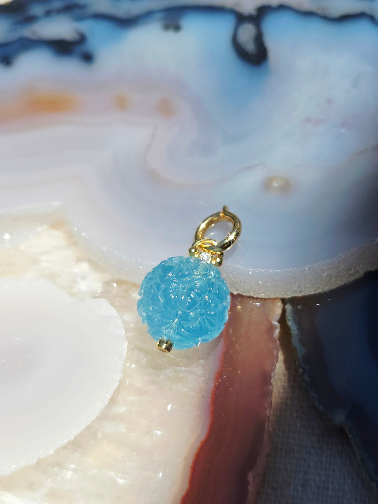 18k Yellow Gold Handcarved Aquamarine Flower Pompom Charm Pendant | Indulgems | Designs in Real Gold