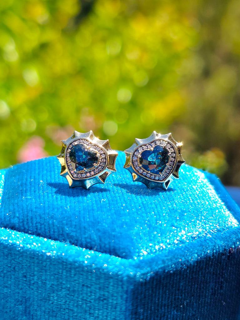 14k Yellow Gold Stud Earrings Burmese Teal Spinel | Indulgems | Aurora Halo