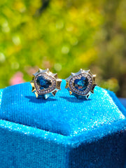 14k Yellow Gold Stud Earrings Burmese Teal Spinel | Indulgems | Aurora Halo