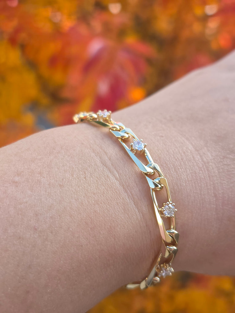 18k Solid Gold French Figaro Link Diamond Bracelet | Indulgems