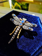 18k Solid Gold & Silver Art Nouveau Antique Dragonfly Brooch with Sapphire and Diamond | Indulgems