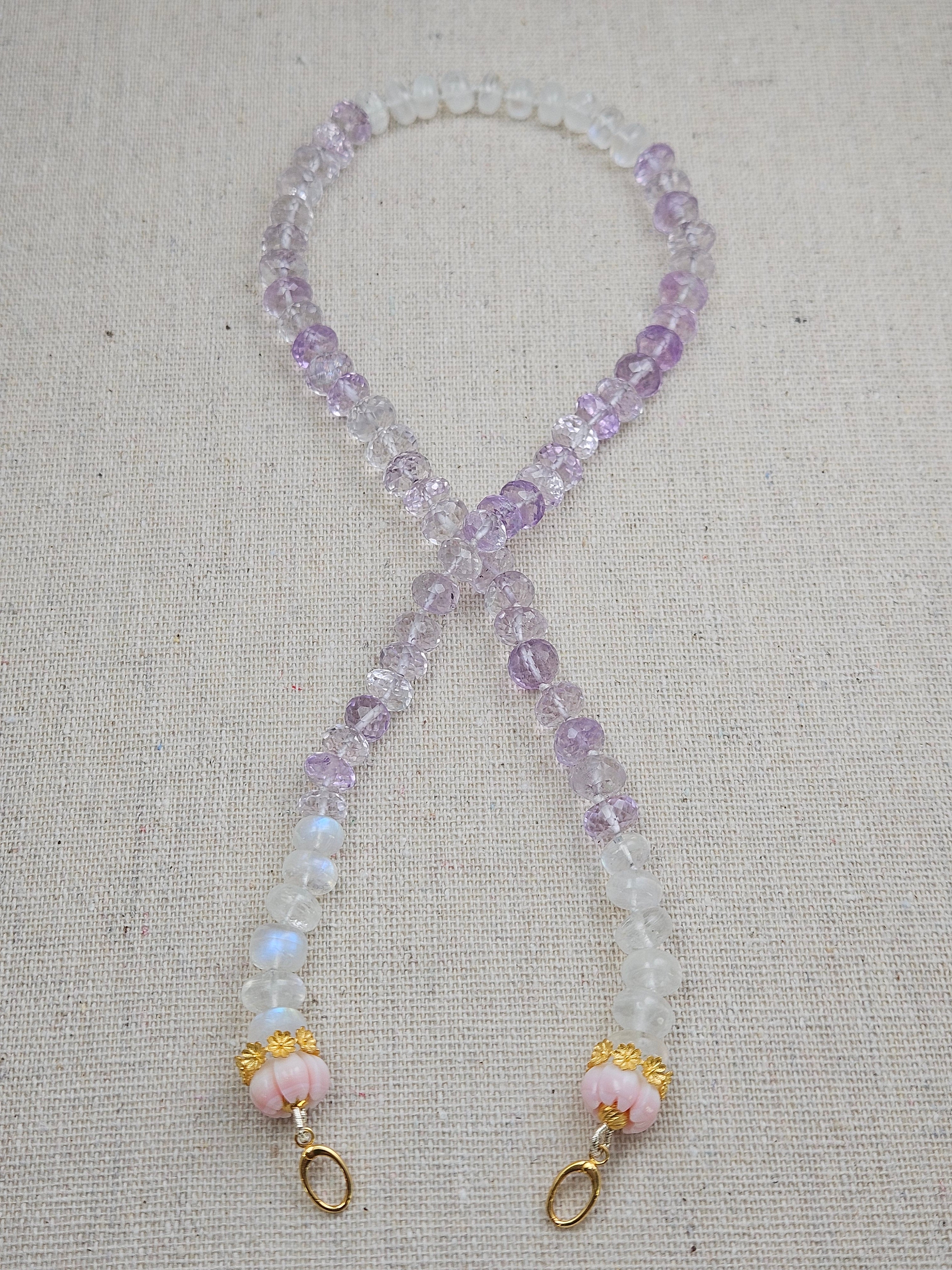 Pink Amethyst, Rainbow Moonstone, Pink Shell Carved Flower Pastel Lilac Gemstone 18K Gold Open Loop Necklace 18"