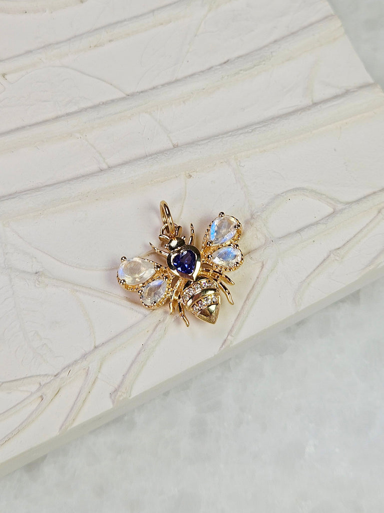 14K Yellow Gold Honey Bee Charm in Heart Shape Tanzanite, Rainbow Moonstone & Diamond Gemstone Pendant