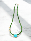 18K Yellow Gold Natural Green Gemstone Chrome Diopside Faceted Bead Necklace with Genuine Top Quality Turquoise Hand Carved Heart Pendant 17"