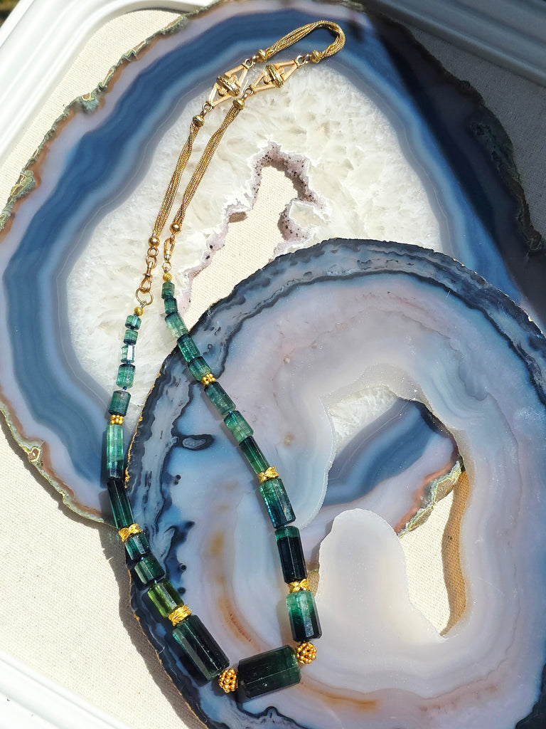 2IN1 - 18K Solid Two-Tone Gold Antique Watch Chain & Natural Green Tourmaline Faceted Barrel Gemstone Necklace