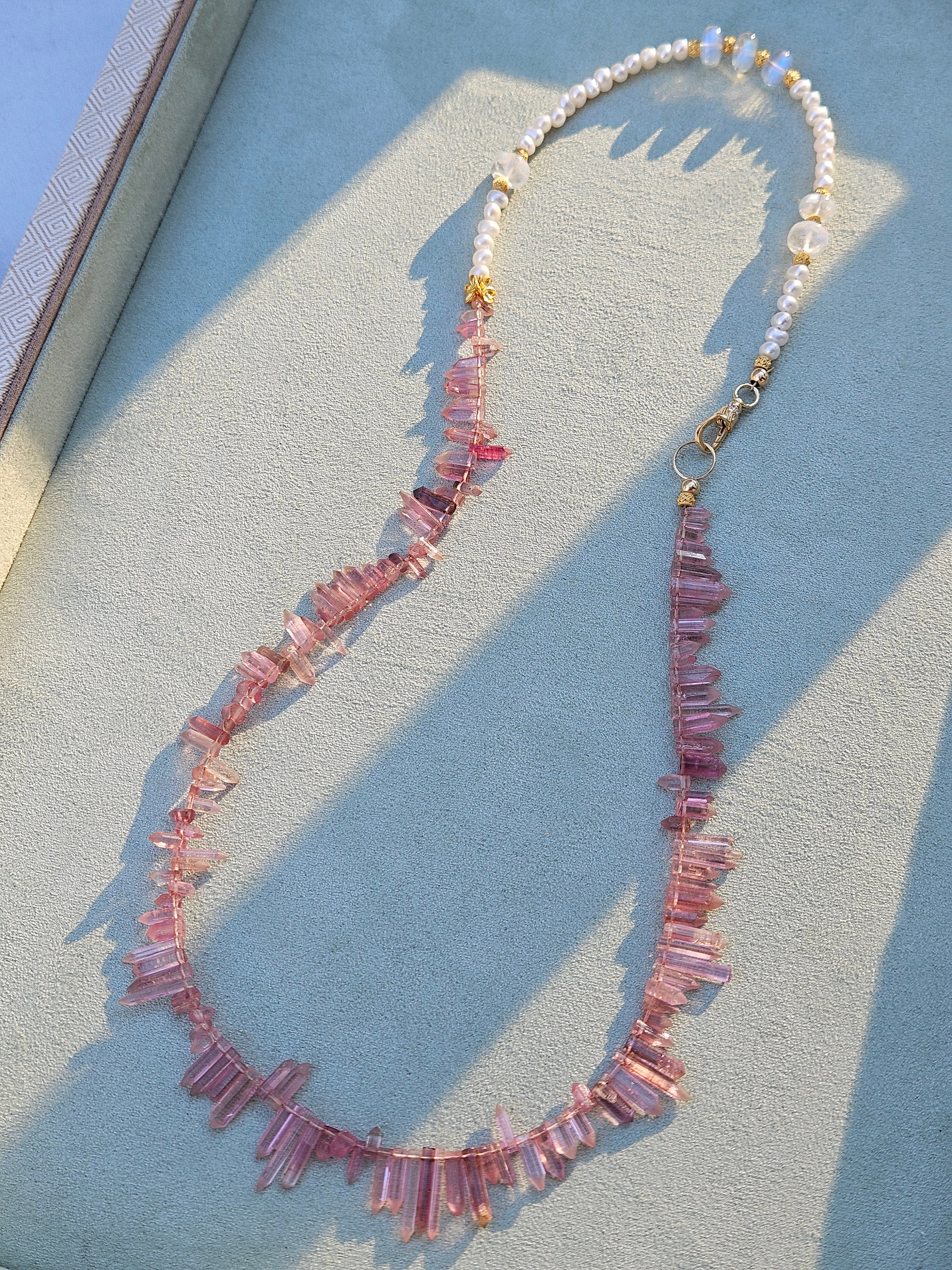 18K Yellow Gold Pink Tourmaline Gemstone Spikes, Freshwater Pearls, Rainbow Moonstone Halfsie Necklace 18.5"