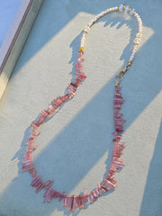 18K Yellow Gold Pink Tourmaline Gemstone Spikes, Freshwater Pearls, Rainbow Moonstone Halfsie Necklace 18.5"