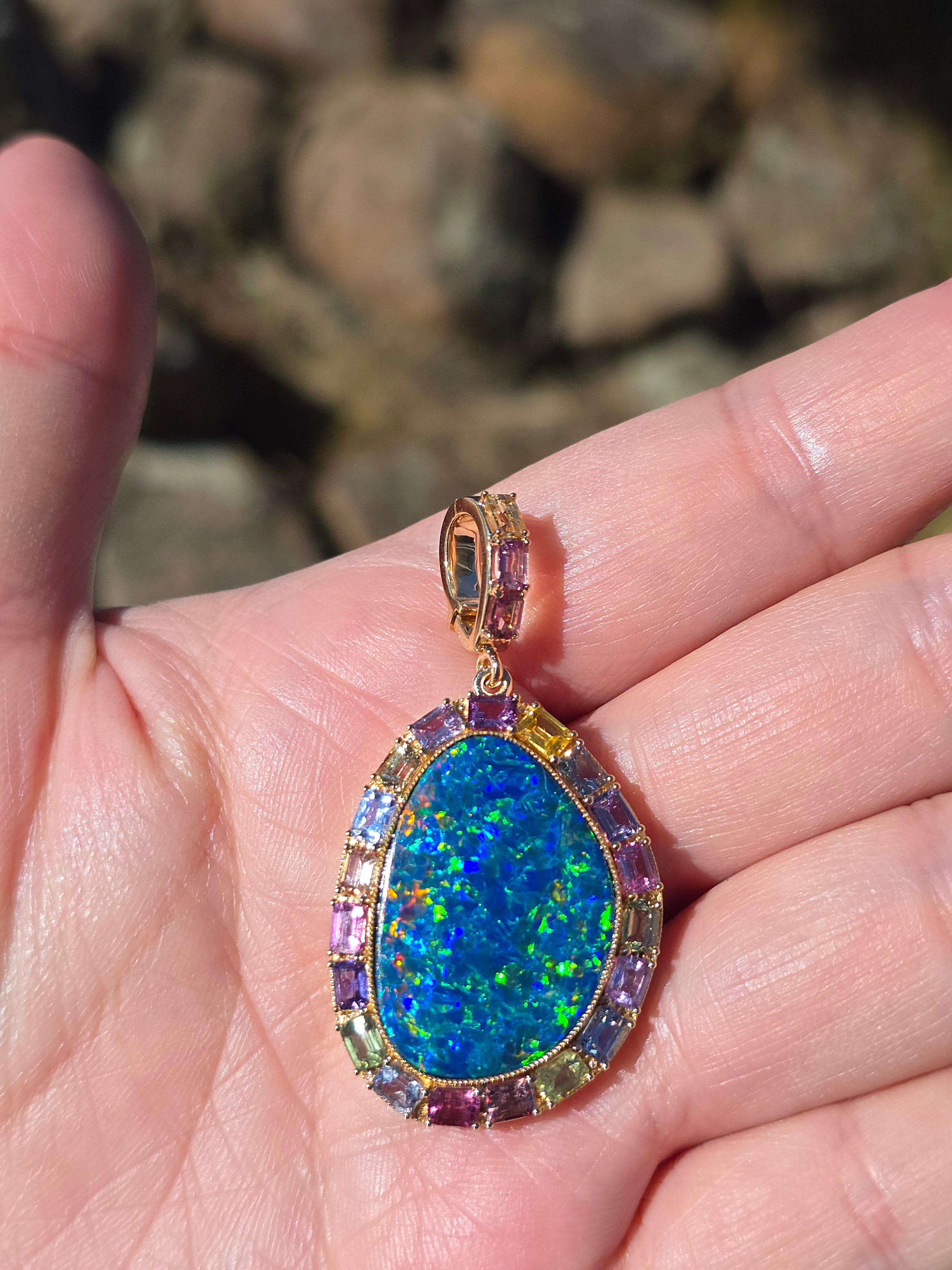 14k Yellow Gold Opal & Fancy Sapphire Pendant | Indulgems