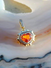 14k Yellow Gold Spessartite Fanta Garnet Gemstone Heart Aurora Halo Pendant | Indulgems