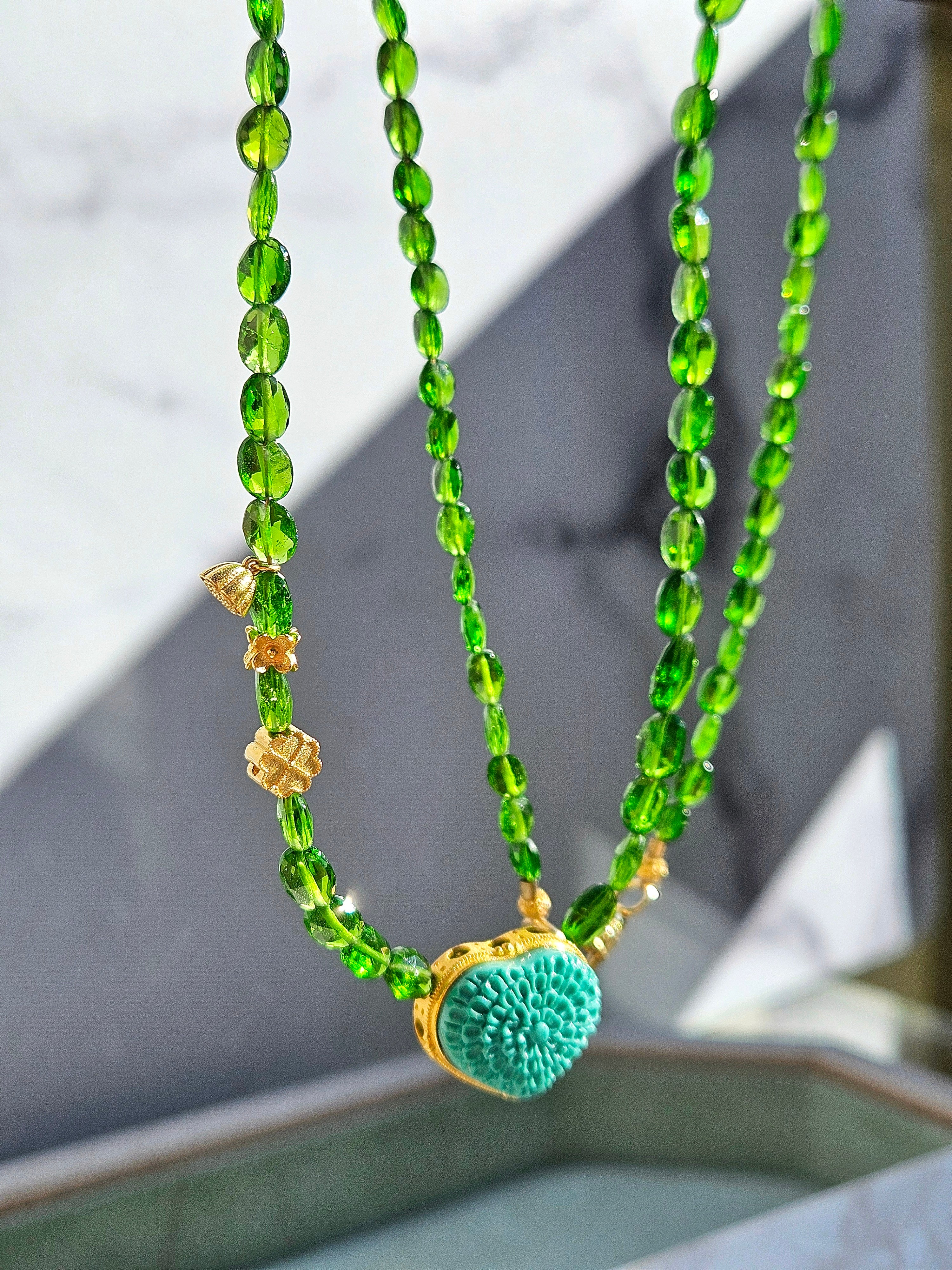 18K Yellow Gold Natural Green Gemstone Chrome Diopside Faceted Bead Necklace with Genuine Top Quality Turquoise Hand Carved Heart Pendant 17"