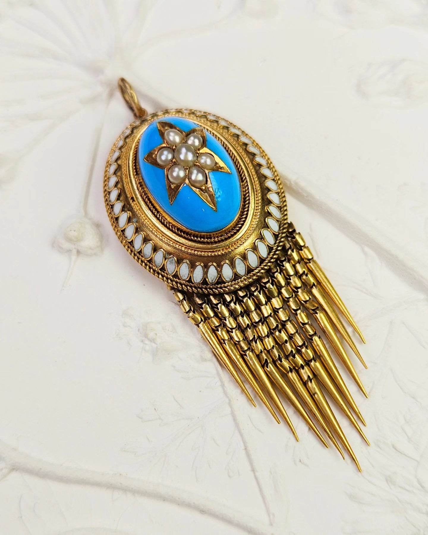 Antique 18K Yellow Gold Pearl and Enamel Pendant with Tassel Fringe