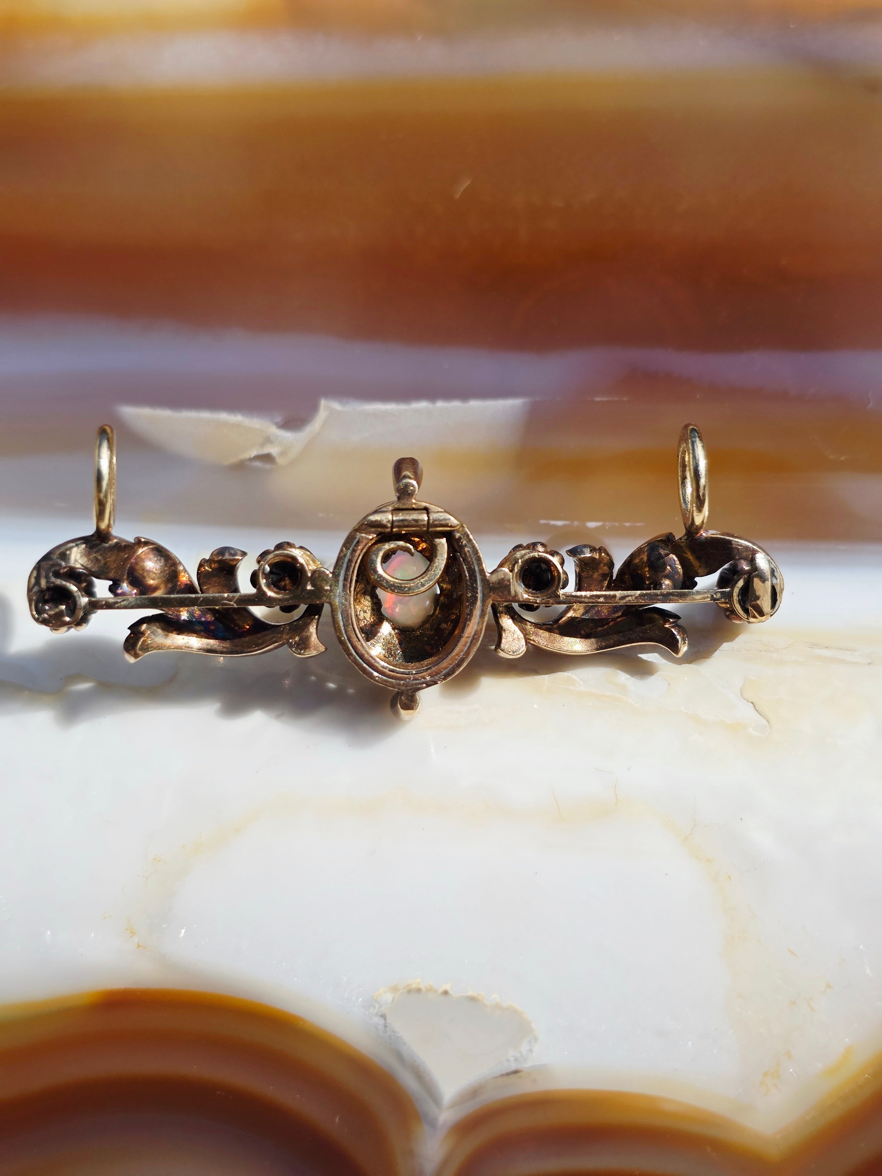 14k Rose Gold Opal & Rose-Cut Diamond Brooch Conversion Pendant | Indulgems | Antique