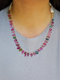 14K Yellow Gold Hand Carved Pink & Green Tourmaline Leaves, Freshwater Baroque Pearl Gemstone Halfsie Necklace 24"