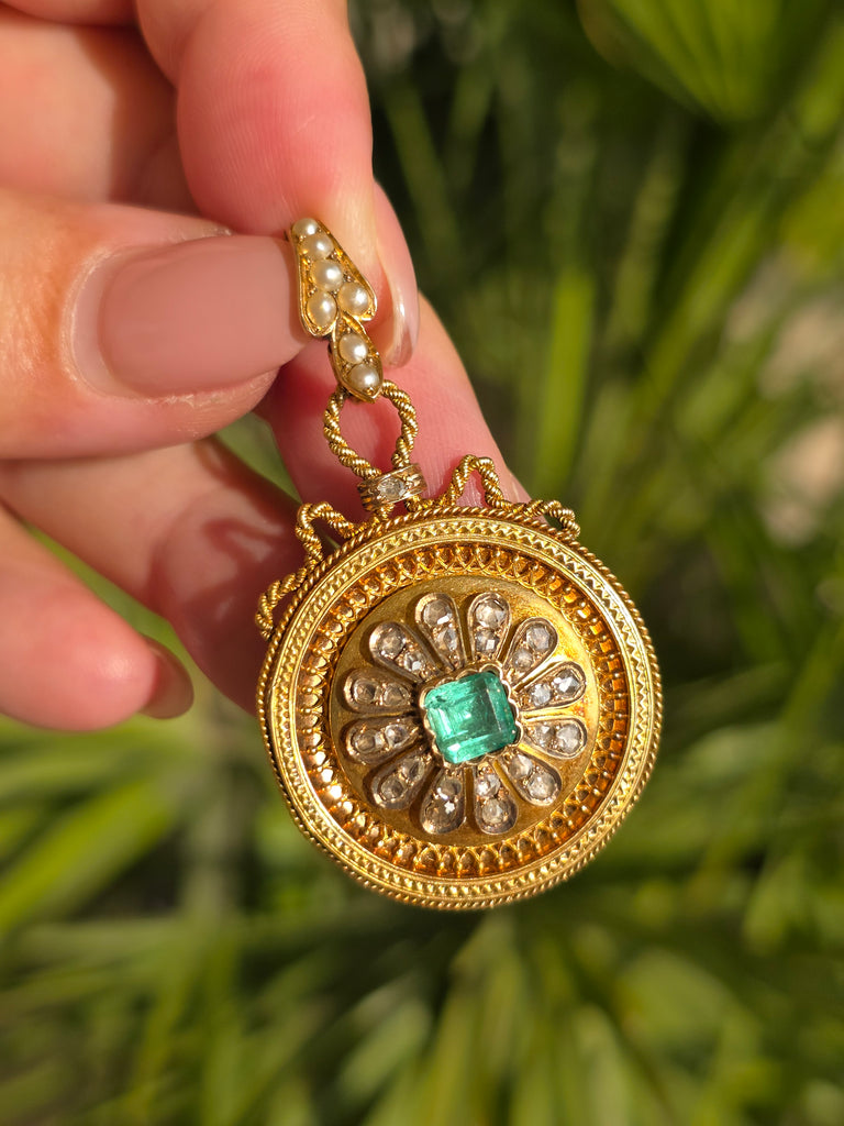 18k Solid Gold French Eagle Head Hallmark Colombian Emerald Rose-cut Diamond Locket Pendant Antique | Indulgems
