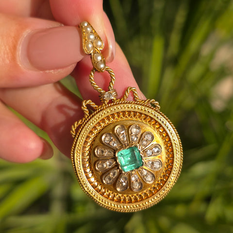 18k Solid Gold French Eagle Head Hallmark Colombian Emerald Rose-cut Diamond Locket Pendant Antique | Indulgems