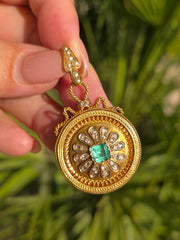 18k Solid Gold French Eagle Head Hallmark Colombian Emerald Rose-cut Diamond Locket Pendant Antique | Indulgems