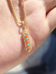 14k Yellow Gold Diamond Turquoise Coral Little Shield Pendant | Indulgems