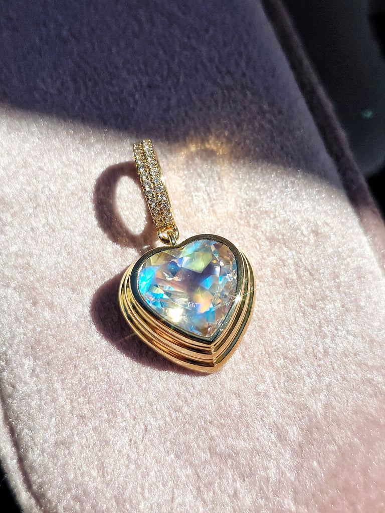 18k Solid Gold Madagascar Rainbow Moonstone Heart Pendant | Indulgems