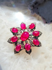 14k Gold & Silver Antique Ruby Cabochon Diamond Brooch | Indulgems