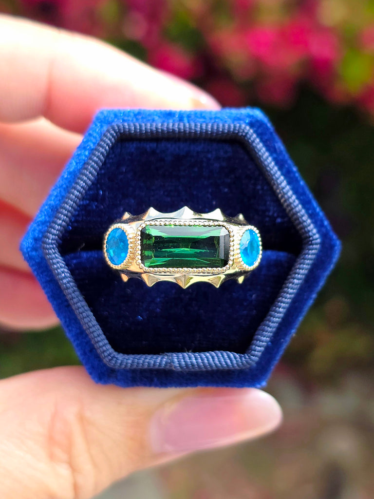 14k Yellow Gold Green Tourmaline & Neon Apatite Gemstone Band Ring Size 8 | Indulgems | Aurora