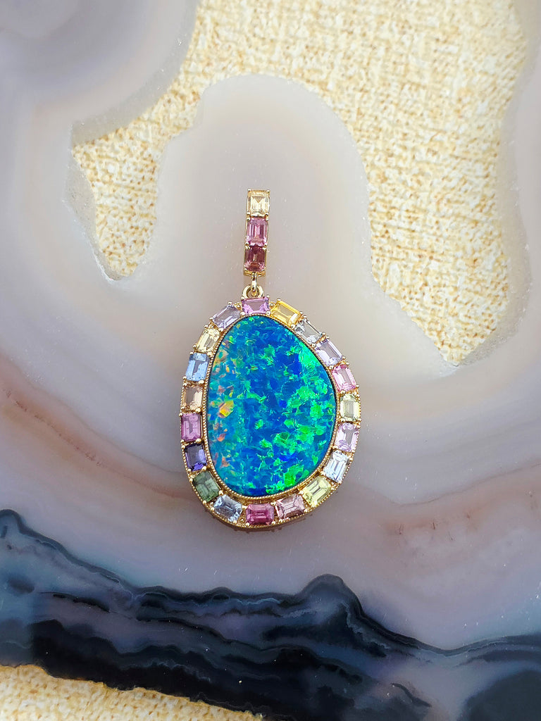 14k Yellow Gold Opal & Fancy Sapphire Pendant | Indulgems
