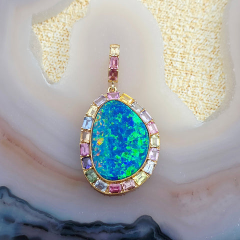 14k Yellow Gold Opal & Fancy Sapphire Pendant | Indulgems