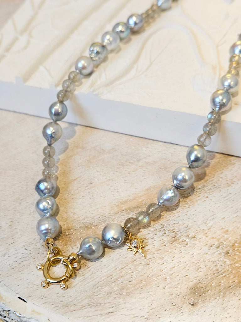 14K Yellow Solid Gold Tahitian Pearls, Labradorite, Diamond Star Charm Open Loop Necklace with Connector