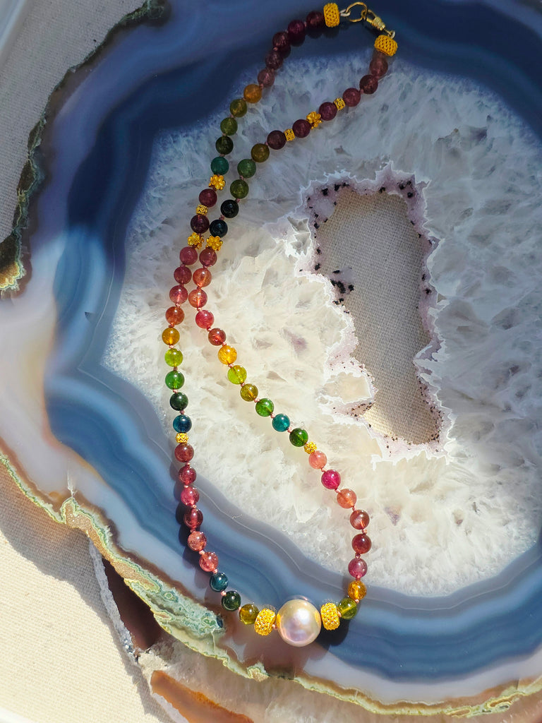 18K Yellow Solid Gold Top Quality Multicolor Tourmaline Necklace with Freshwater Edison Pearl