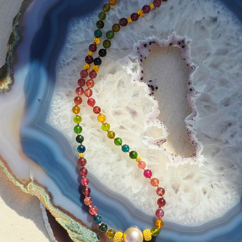 18K Yellow Solid Gold Top Quality Multicolor Tourmaline Necklace with Freshwater Edison Pearl