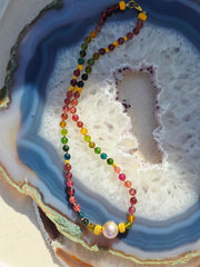 18K Yellow Solid Gold Top Quality Multicolor Tourmaline Necklace with Freshwater Edison Pearl
