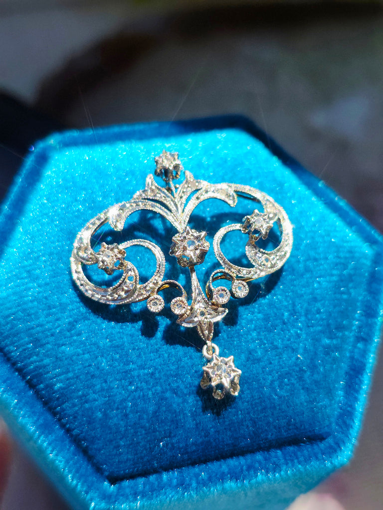 14k Gold Celestial Scrolling Motif Diamond Pendant | Indulgems | Antique Revival