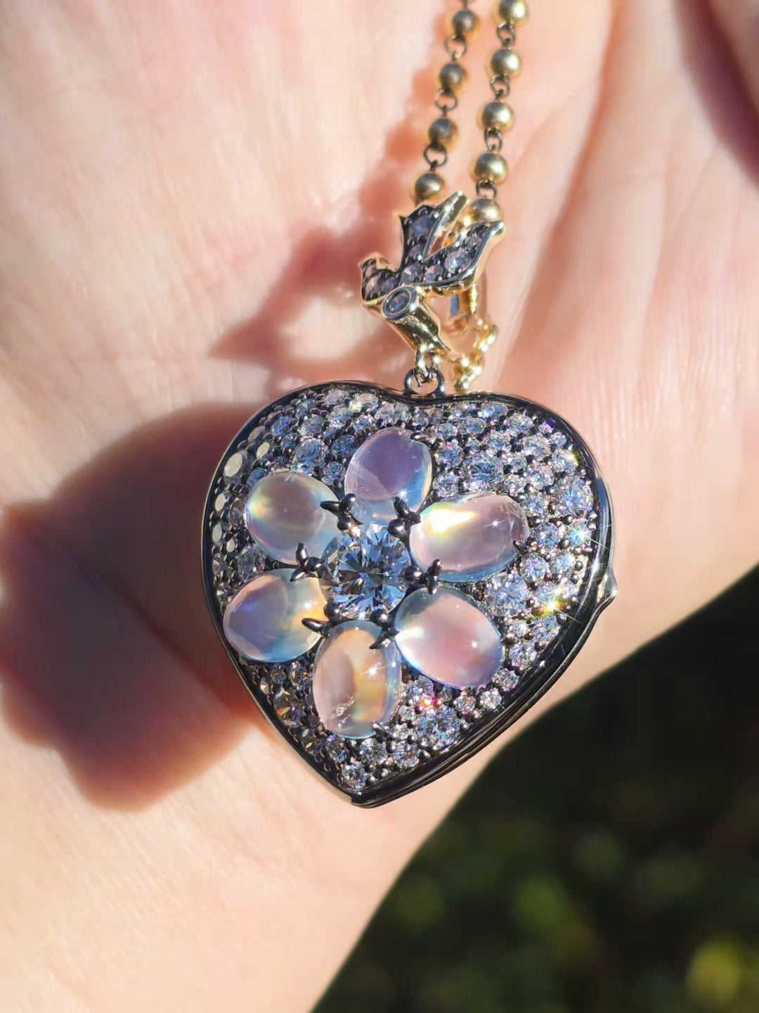 14k Yellow Gold & Sterling Silver Rainbow Moonstone Lab-grown Diamond Heart Locket Pendant | Indulgems