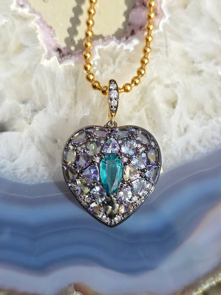 14k Yellow Gold & Platinum Large Emerald and Tanzanite Heart Locket Pendant | Indulgems