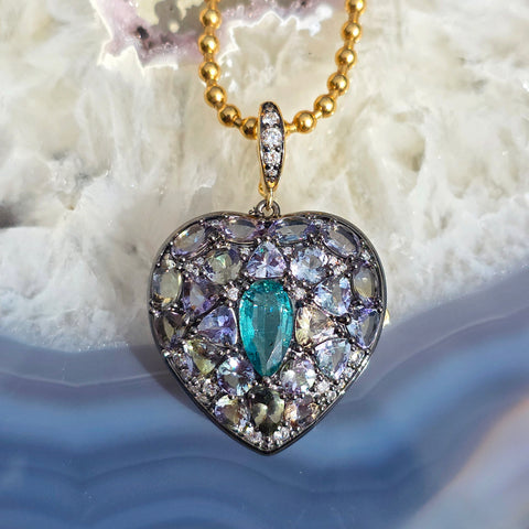 14k Yellow Gold & Platinum Large Emerald and Tanzanite Heart Locket Pendant | Indulgems