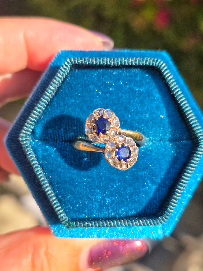 Antique 18k Gold Sapphire & Rose-Cut Diamond Ring size8.5 | Indulgems