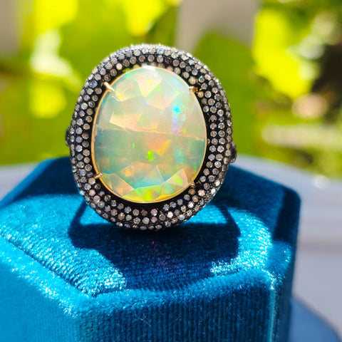Black Rhodium Sterling Silver & 18k Gold Large Opal & Diamond Donut Halo Statement Ring sz 8 | Indulgems