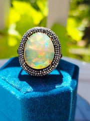 Black Rhodium Sterling Silver & 18k Gold Large Opal & Diamond Donut Halo Statement Ring sz 8 | Indulgems