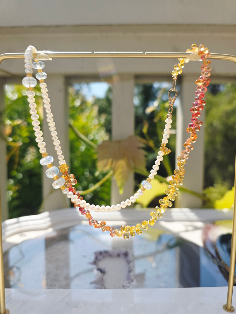 18K Gold Fancy Sapphire, Freshwater Pearl and Rainbow Moonstone Halfsie Gemstone Necklace | Indulgems | Designs in Real Gold