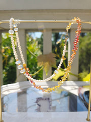 18K Gold Fancy Sapphire, Freshwater Pearl and Rainbow Moonstone Halfsie Gemstone Necklace | Indulgems | Designs in Real Gold