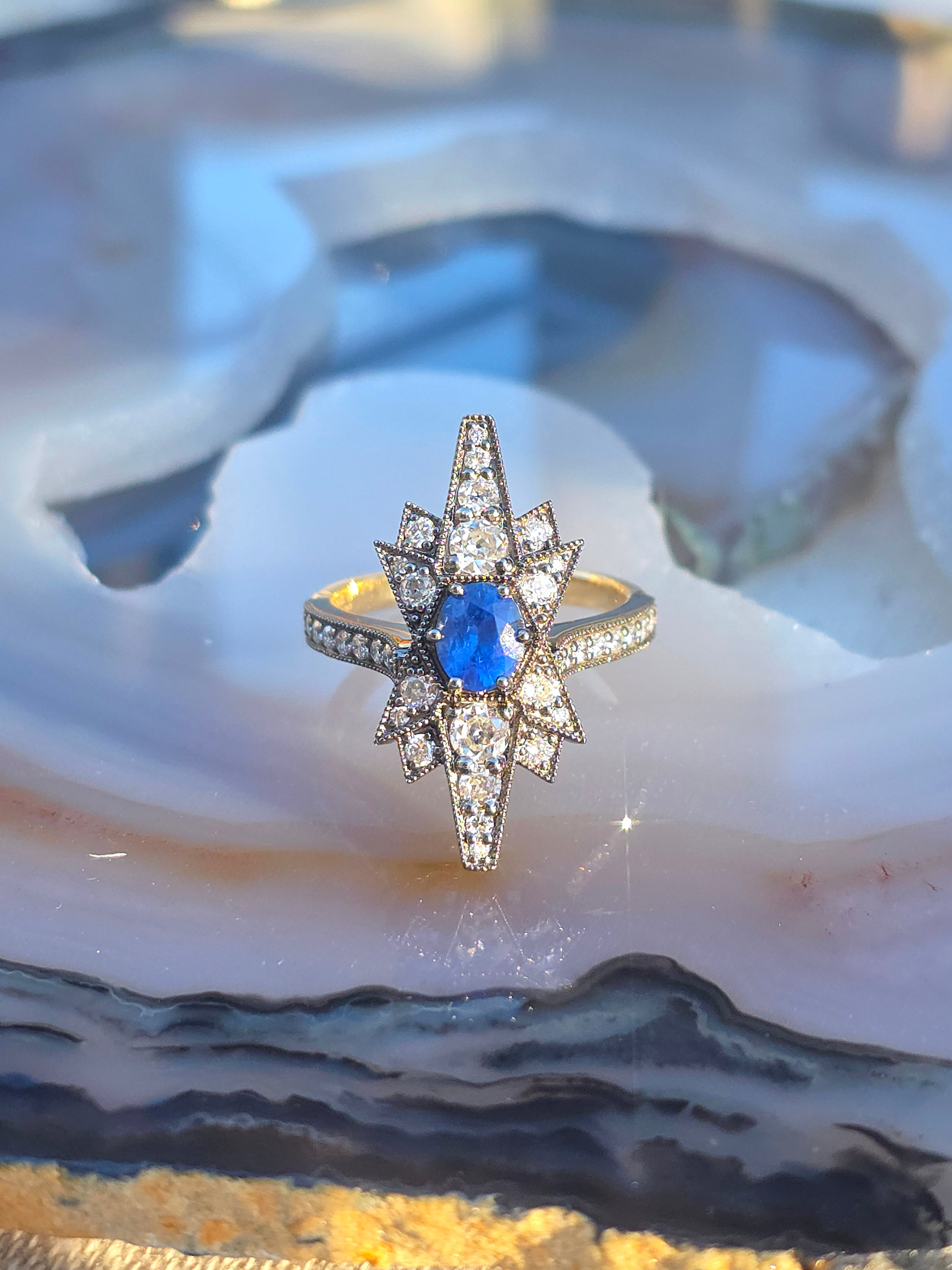 14k Yellow Gold & Platinum Cornflower Blue Sapphire Diamond Star Transformation Ring Pendant | Indulgems