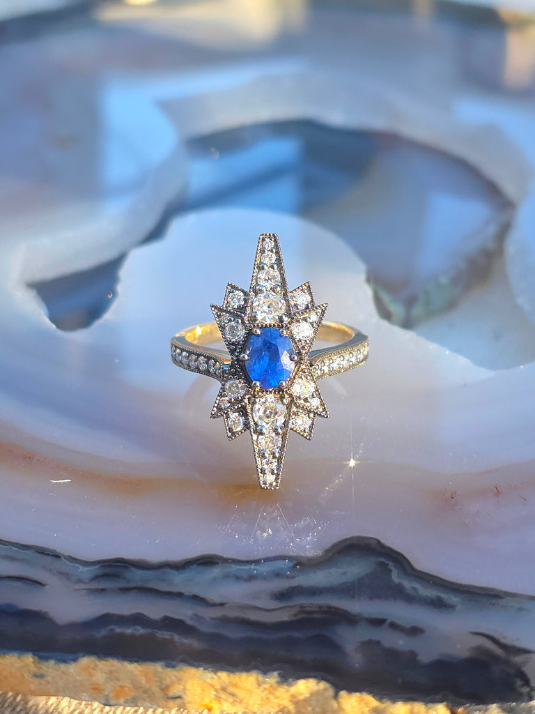 14k Yellow Gold & Platinum Cornflower Blue Sapphire Diamond Star Transformation Ring Pendant | Indulgems