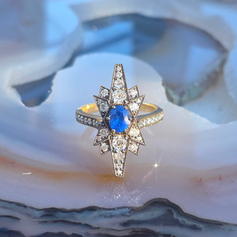 14k Yellow Gold & Platinum Cornflower Blue Sapphire Diamond Star Transformation Ring Pendant | Indulgems