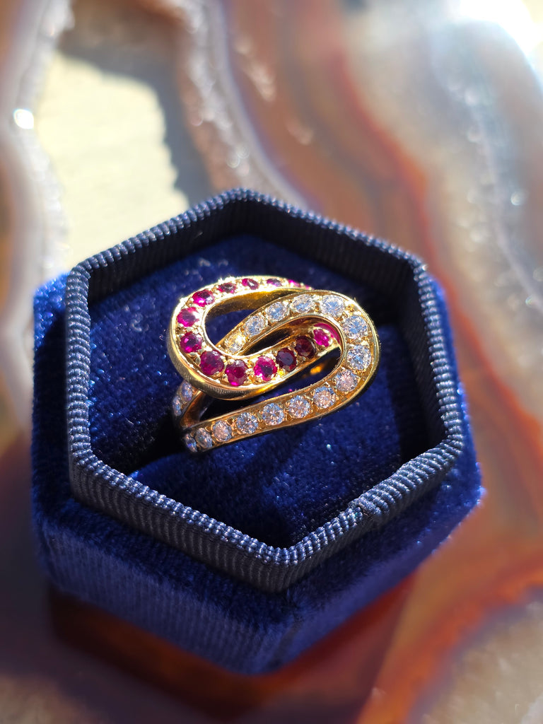 18k Solid Gold Mid Century Diamond Ruby Bypass-style Ring Size 4.5 | Indulgems | Vintage