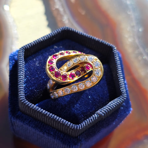 18k Solid Gold Mid Century Diamond Ruby Bypass-style Ring Size 4.5 | Indulgems | Vintage