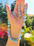 18k Solid Gold XL Chunky Milky Aquamarine & Handcarved Lapis Gemstone Bead Necklace 20" | Indulgems | Designs in Real Gold