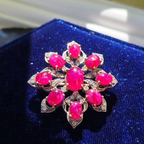 14k Gold & Silver Antique Ruby Cabochon Diamond Brooch | Indulgems